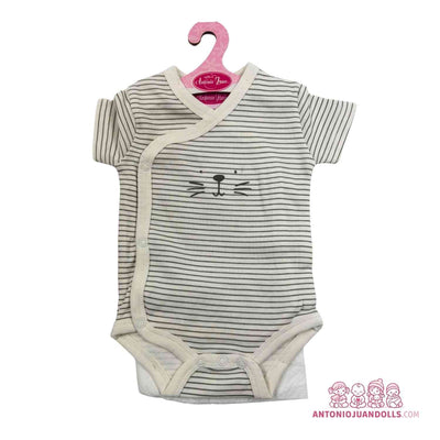 Conjunto de body beige de rayas con gatito bordado para muñeca de 42 cm