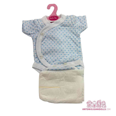 Conjunto de body blanco de topitos azules y grises y pañal para muñeca de 42 cm
