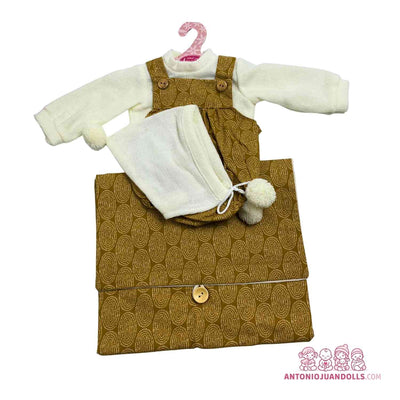 Conjunto de body blanco calado, peto mostaza de ondas, arrullo y pompones para muñeca de 42 cm