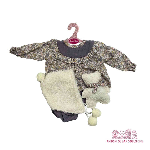 Conjunto Vestido Floral Gris Braguita Chaleco Borreguito Gorro 47cm - Ropa Muñeca Antonio Juan (91047-12)