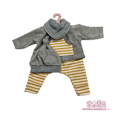 Conjunto de chaqueta gris de punto, body de rayas mostaza, pantalón y cuello para muñeca de 42 cm