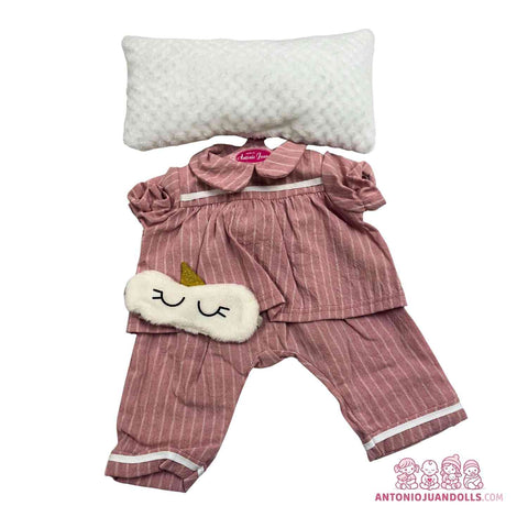 Conjunto Pijama Rosa Rayas Doradas Almohada Antifaz 47cm - Ropa Muñeca Antonio Juan (91047-14)