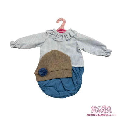 Conjunto de blusa azul de rayas con volantes, braguita azul petróleo y gorro para muñeca de 42 cm