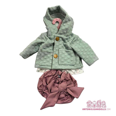 Conjunto de abrigo verde agua acolchado, blusa floral y braguita rosa para muñeca de 42 cm