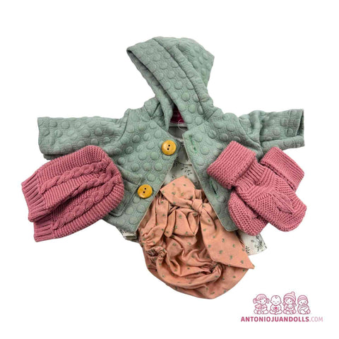 Conjunto Abrigo Verde Acolchado Vestido Florecitas Gorro Manoplas 47cm - Ropa Muñeca Antonio Juan (91047-25001)