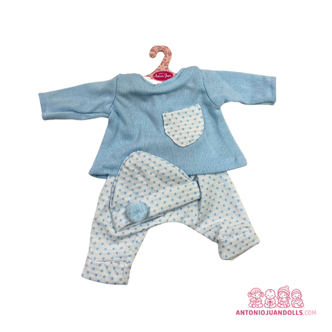 Conjunto Camiseta Azul Pantalón Lunares Azules Gorro 52cm - Ropa Muñeca Antonio Juan (91152-22)