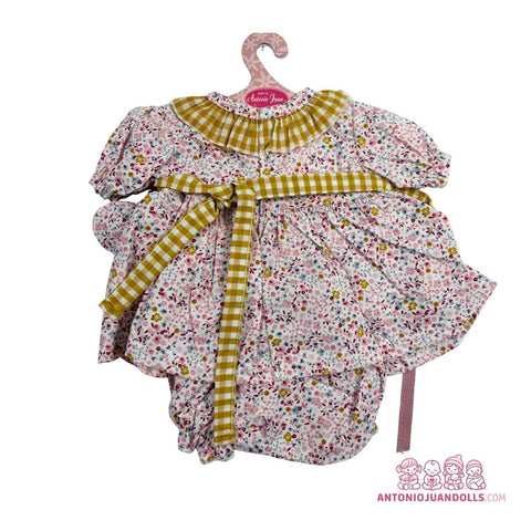 Conjunto Vestido Flores Vichy Mostaza 52cm - Ropa Muñeca Antonio Juan (91152-25007)