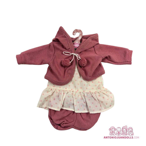 Conjunto Chaqueta Granate Capucha Vestido Estrellas 52cm - Ropa Muñeca Antonio Juan (91152-25009)