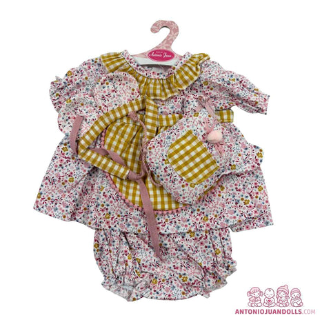 Conjunto Vestido Flores Delantal Vichy Mostaza Bolsito 52cm - Ropa Muñeca Antonio Juan (91152-25012)