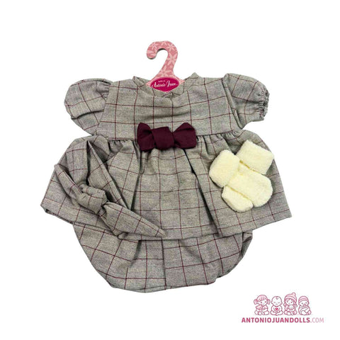 Conjunto Vestido Cuadros Gris Lazo Burdeos Manoplas 52cm - Ropa Muñeca Antonio Juan (91152-25013)