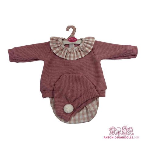 Conjunto Jersey Burdeos Cuello Vichy Ranita Gorro 52cm - Ropa Muñeca Antonio Juan (91152-25017)