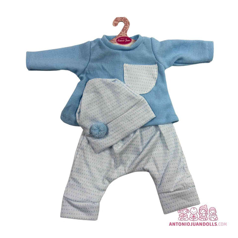 Conjunto Jersey Azul Bolsillo Pantalón Topitos Gorro 52cm - Ropa Muñeca Antonio Juan (91152-25023)