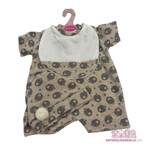 Conjunto Vestido Ovejitas Babero Gorro Pompón 52cm - Ropa Muñeca Antonio Juan (91152-25024)