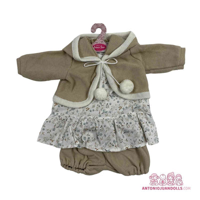 Conjunto de chaqueta verde de punto, vestido de flores y ranita para muñeca de 52 cm