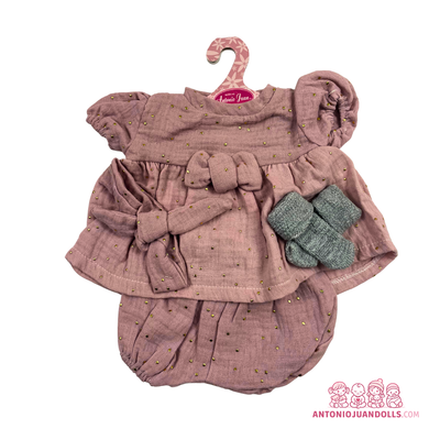 Conjunto de vestido granate de lunares dorados con manoplas para muñeca de 52 cm (91152-2)