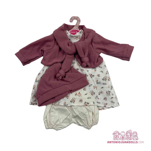 Conjunto Chaqueta Burdeos Vestido Flores Gorro 52cm - Ropa Muñeca Antonio Juan (91152-31)