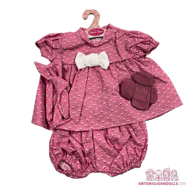 Conjunto de vestido rosa de estrellas con lazo blanco, ranita, diadema y calcetines para muñeca de 52 cm