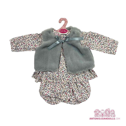 Conjunto Chaleco Gris Pelo Vestido Flores Ranita 52cm - Ropa Muñeca Antonio Juan (91152-34)