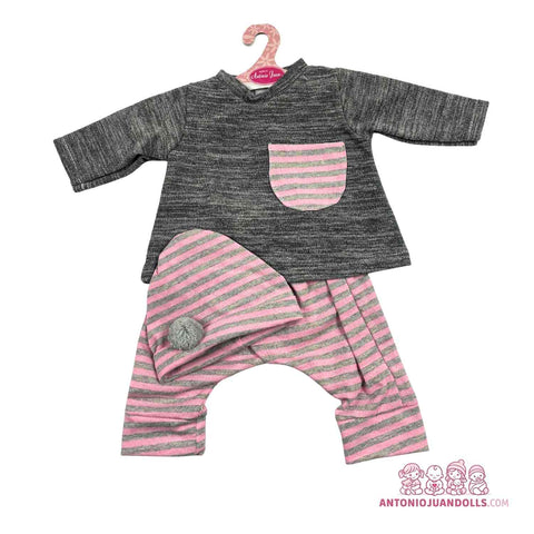 Conjunto Jersey Gris Pantalón Rosa Rayas Gorro 52cm - Ropa Muñeca Antonio Juan (91152-35)