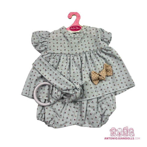 Conjunto Vestido Gris Flores Lazo Beige Ranita Diadema 52cm - Ropa Muñeca Antonio Juan (91152-37)