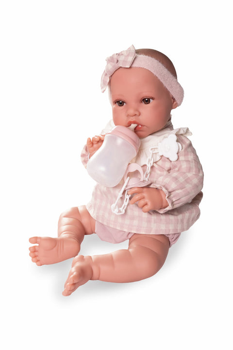 Bebé muñeca con diadema rosa y accesorios

