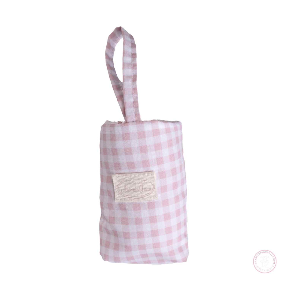 Portabiberones rosa con cuadritos Vichy y biberón

