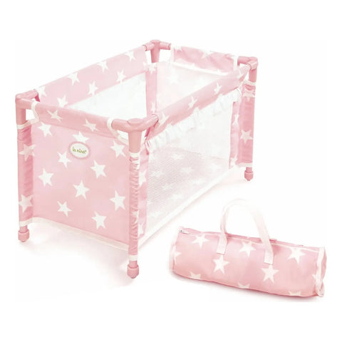 Cuna de viaje Carlota de La Nina, rosa con estrellas blancas, montada y con su bolsa de transporte