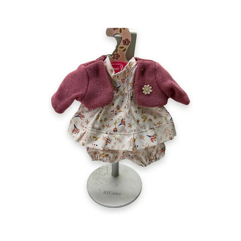 Conjunto para muñeca con vestido floral blanco, braguita a juego y chaqueta rosa de punto para muñeca de 26 cm Antonio Juan (MAJ-91026-15)