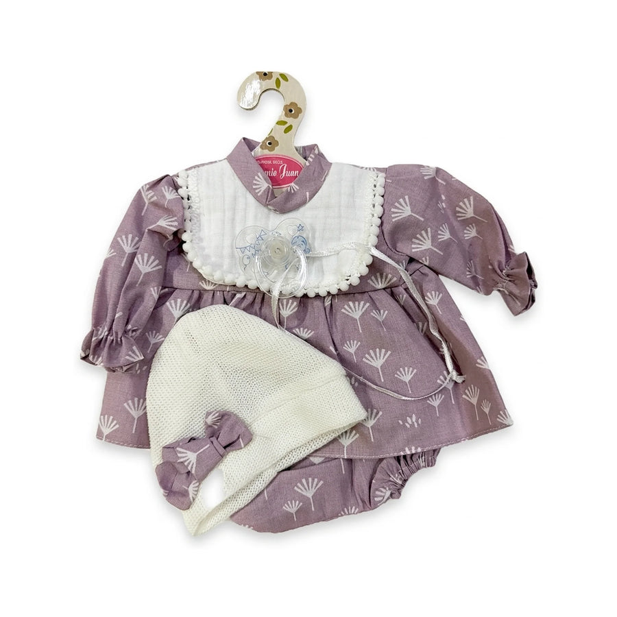 Conjunto Vestido Malva Flores Braguita y Gorro 33cm - Ropa Muñeca Antonio Juan (91033-38)