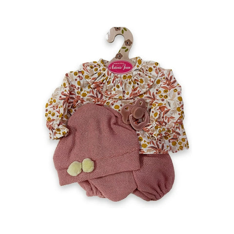 Conjunto de ropa para muñeca con camiseta de flores, braguita de punto rosa y gorro rosa con pompones para muñeca de 33 cm Antonio Juan (MAJ-91033-40)
