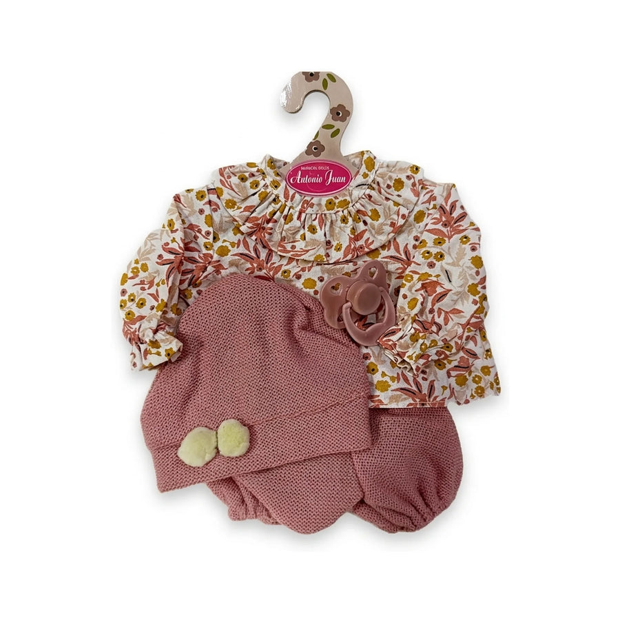 Conjunto Camiseta Flores Braguita Gorro Rosa 33cm - Ropa Muñeca Antonio Juan (91033-40)