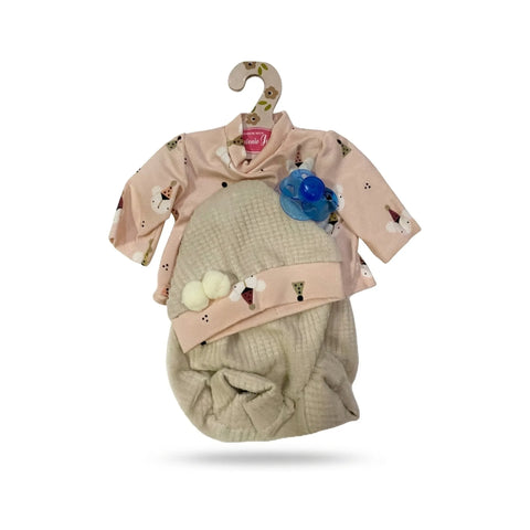 Conjunto para muñeca de 33 cm Antonio Juan: camiseta rosa de ositos con gorrito de fiesta, gorro beige con pompones, braguita beige y chupete azul (MAJ-91033-41)