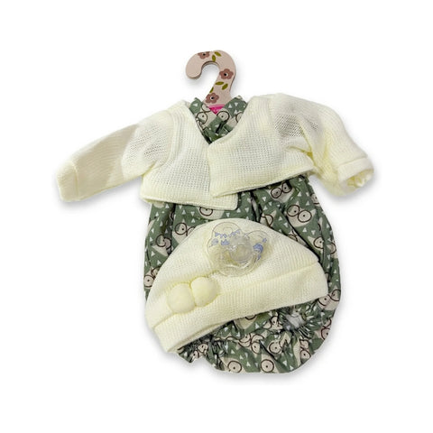 Conjunto de ropa para muñeca con pelele verde estampado de búhos, chaquetita crema y gorro con pompones para muñeca de 33 cm Antonio Juan (MAJ-91033-42)