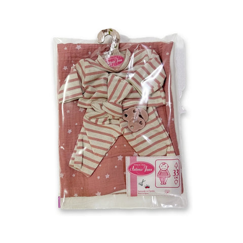 Conjunto para muñeca con camiseta y pantalón a rayas rosa y blanco y manta rosa de estrellas para muñeca de 33 cm Antonio Juan (MAJ-91033-45)