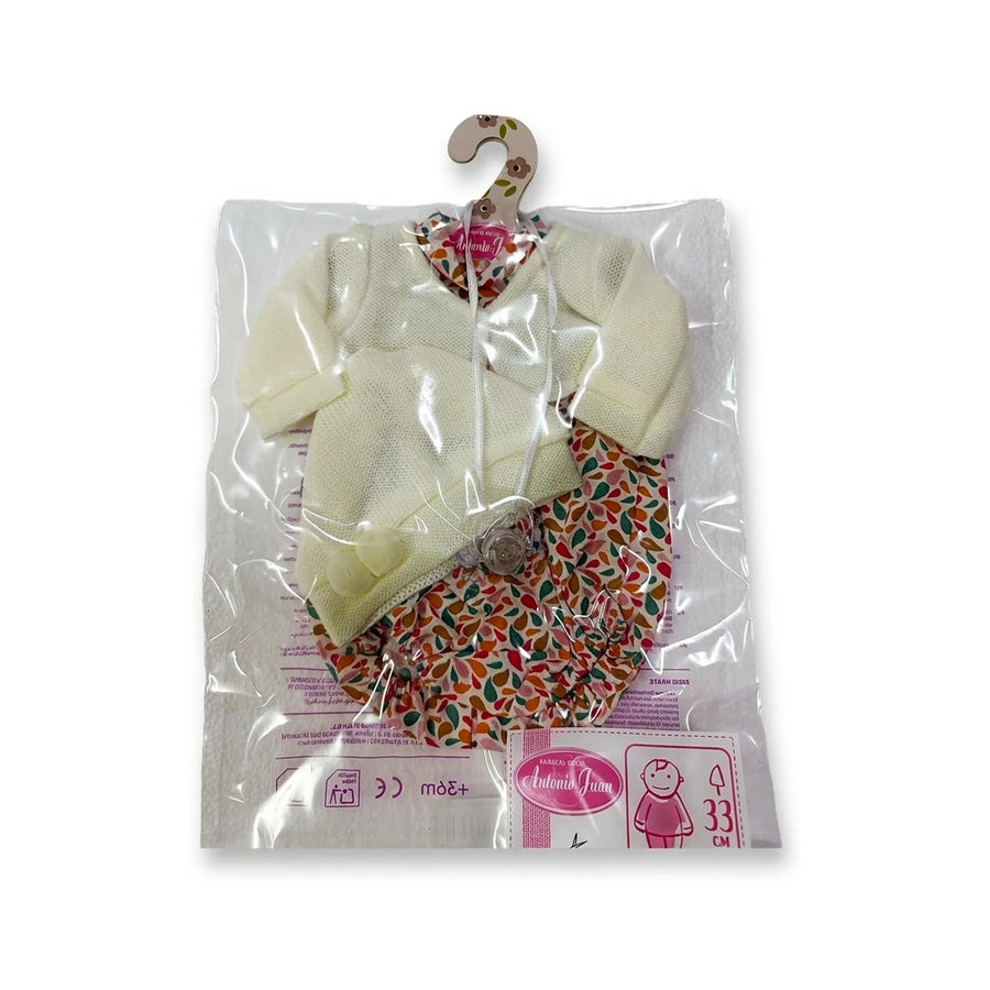 Conjunto Chaqueta Punto Crema y Pelele Estampado 33cm - Ropa Muñeca Antonio Juan (91033-47)