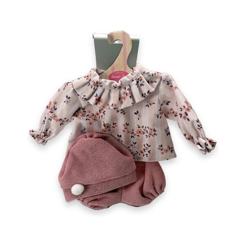 Conjunto de ropa para muñeca con camiseta floral, braguita de punto rosa y gorro rosa con pompón blanco para muñeca de 33 cm Antonio Juan (MAJ-91033-53)
