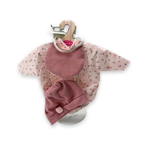 Conjunto de pelele rosa con estampado floral, babero y gorro con pompón para muñeca de 33 cm Antonio Juan (MAJ-91033-52)