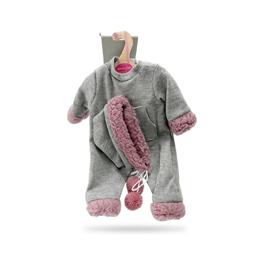 Conjunto Pelele Gris y Capota Rosa con Pompones 33cm - Ropa Muñeca Antonio Juan (91033-64)