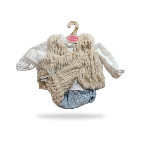 Conjunto para muñeca con camiseta de topitos, chaleco beige y braguita azul claro para muñeca de 42 cm Antonio Juan (MAJ-91042-73)