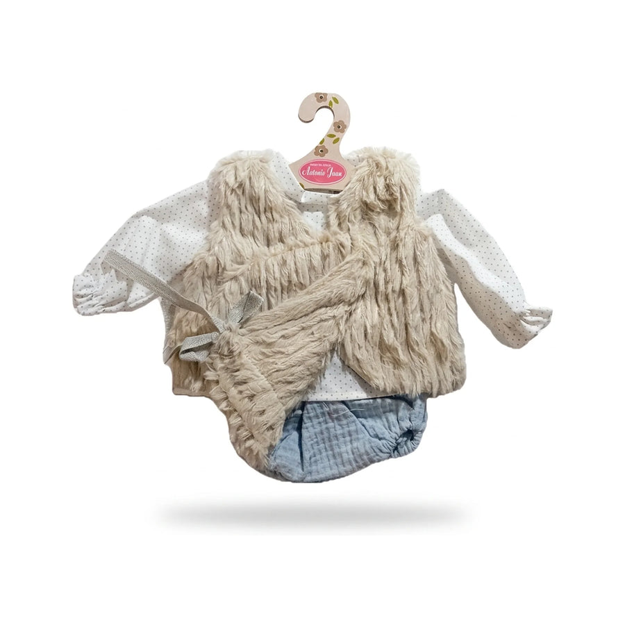 Conjunto Camiseta Topitos Chaleco Beige y Braguita Azul 42cm - Ropa Muñeca Antonio Juan (91042-73)
