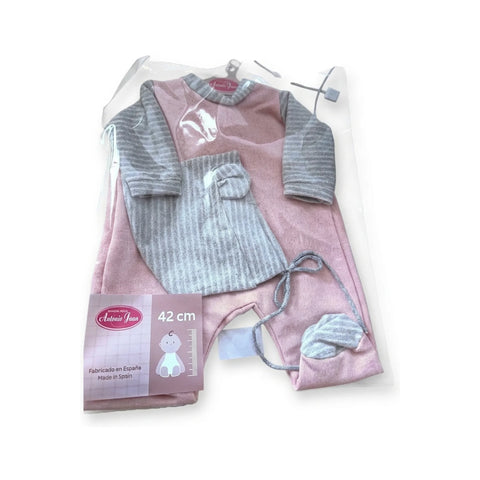 Conjunto de pelele rosa y gris a rayas con capota para muñeca de 42 cm para muñeca de 42 cm Antonio Juan (MAJ-91042-73)