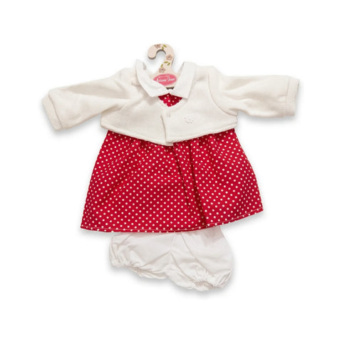 Conjunto de ropa para muñeca con vestido rojo de topitos blancos, chaqueta corta blanca de punto y braguita blanca para muñeca de 42 cm Antonio Juan (MAJ-91042-81)