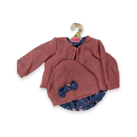 Conjunto de chaqueta de punto rosa empolvado, gorro con lazo y pelele azul marino con flores para muñeca de 42 cm Antonio Juan (MAJ-91042-84)