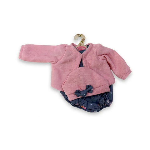 Conjunto para muñeca con chaqueta de punto rosa, gorro rosa con lazo gris y ranita gris estampada para muñeca de 42 cm Antonio Juan (MAJ-91042-85)