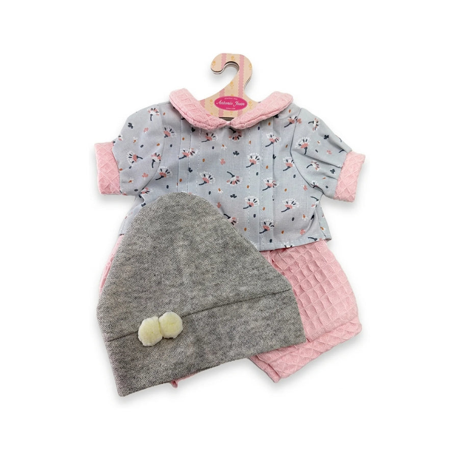 Conjunto Camiseta Flores Ranita Rosa y Gorro Gris 42cm - Ropa Muñeca Antonio Juan (91042-91)