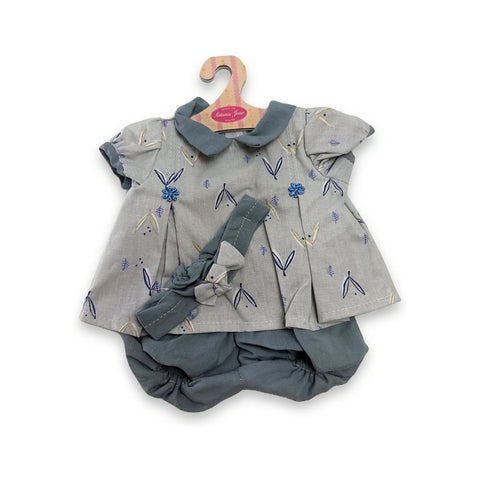 Conjunto para muñeca con vestido gris estampado con cuello azul, braguita y diadema con lazo para muñeca de 42 cm Antonio Juan (MAJ-91042-93)