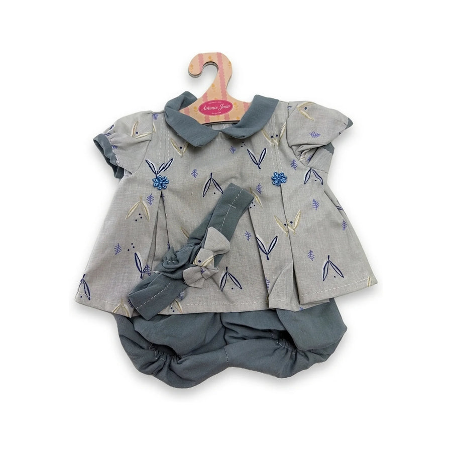Conjunto Vestido Gris Estampado Braguita Diadema 42cm - Ropa Muñeca Antonio Juan (91042-93)