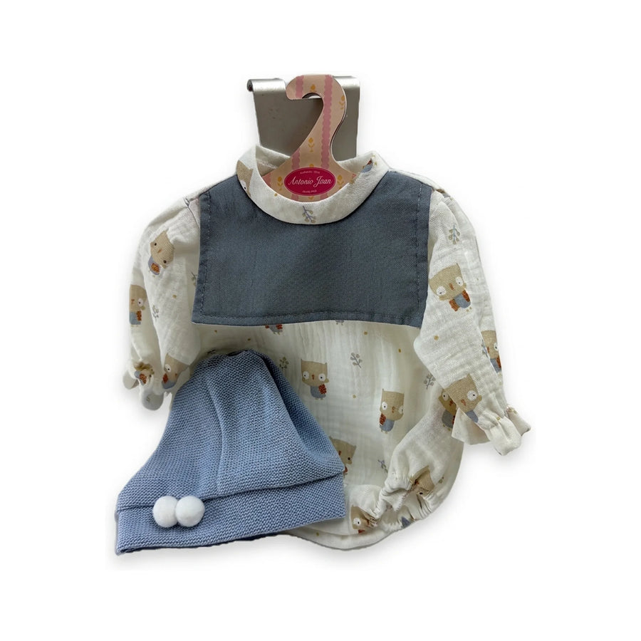 Conjunto Pelele Blanco Búhos y Gorro Azul 42cm - Ropa Muñeca Antonio Juan (91042-94)
