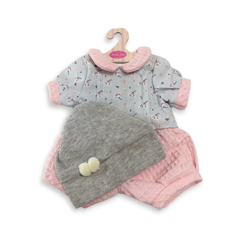 Conjunto de ropa de muñeca con ranita gris de flores con detalles rosas y gorro gris de punto con pompones para muñeca de 42 cm Antonio Juan (MAJ-91042-95)