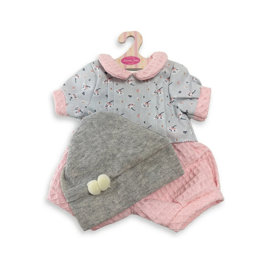 Conjunto Ranita Gris Flores y Gorro Punto 42cm - Ropa Muñeca Antonio Juan (91042-95)